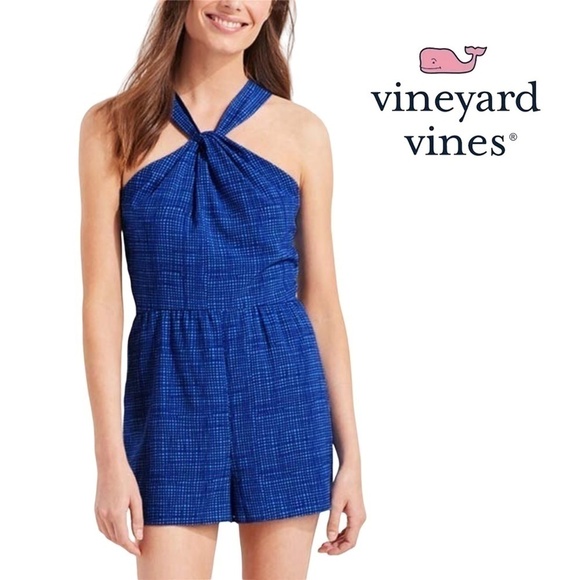 Vineyard vines tide blue basketweave halter romper jumpsuit shorts Sleeveless - Picture 1 of 9